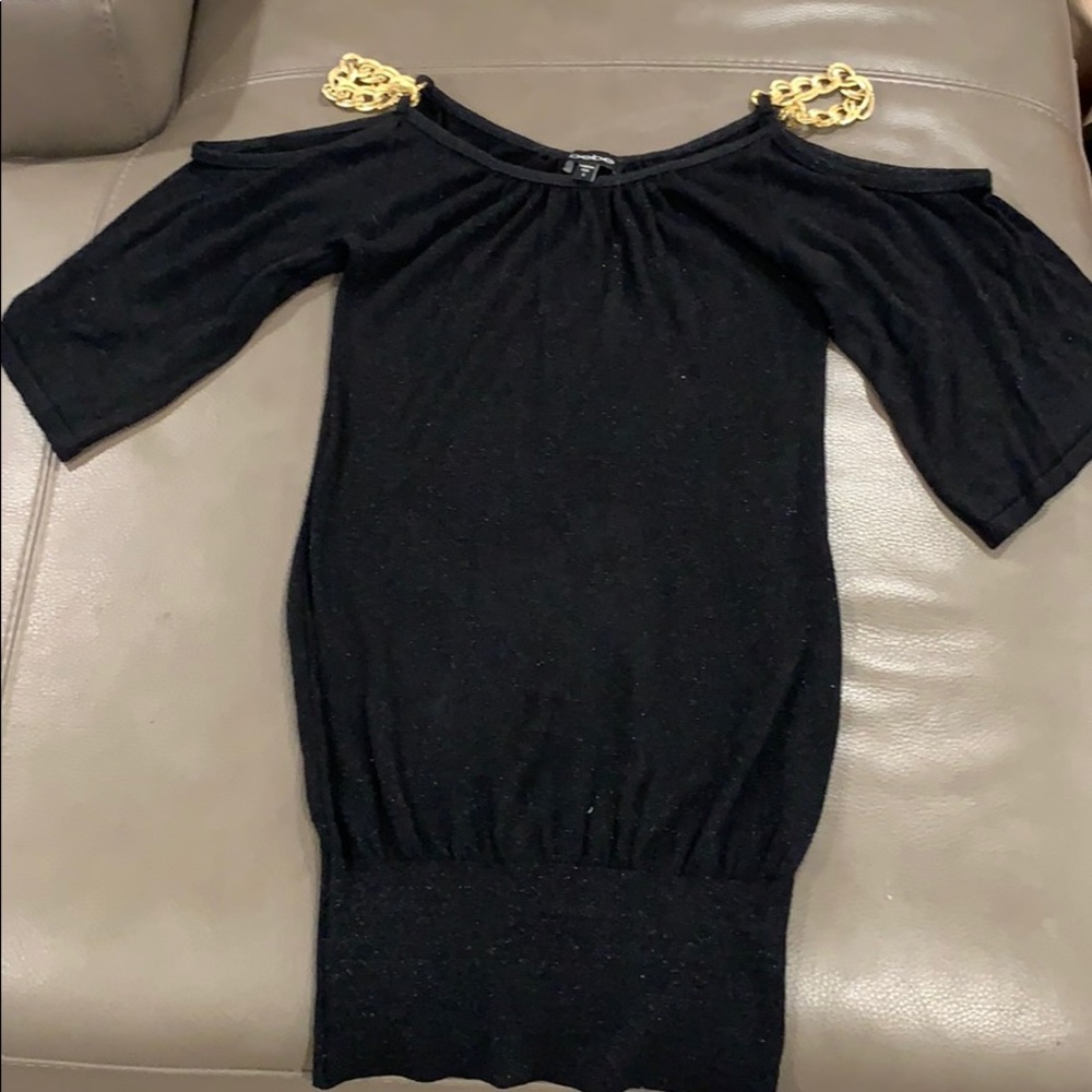 Bebe black gold sparkled and chain open shoulder